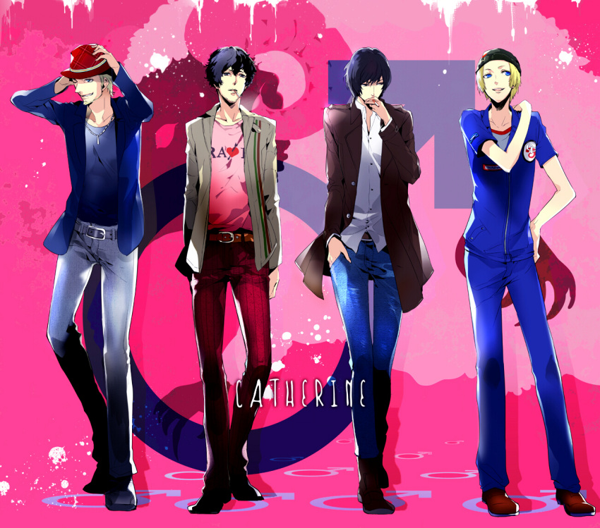 beard, belt, black_hair, blonde_hair, blue_eyes, boots, casual, catherine_(game), cigarette, coat, facial_hair, futaba_hazuki, hat, highres, jeans, jewelry, jonathan_(catherine), jonathan_ariga, male, multiple_boys, orlando_(catherine), orlando_haddick, shirt, short_hair, tobias_(catherine), tobias_nebbins, vincent_(catherine), vincent_brooks