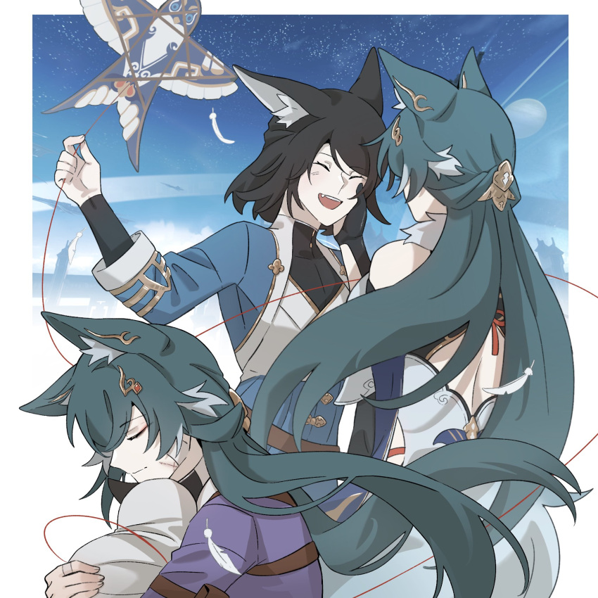 2girls, animal_ear_fluff, animal_ears, black_hair, blue_shirt, closed_eyes, commentary, english_commentary