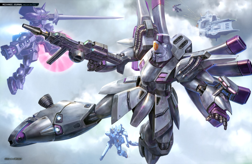 absurdres, artist_request, battle, beam_rifle, cable, clouds, crossbone_vanguard, den'an_zon, emblem, energy_gun, f91_gundam, flying, gundam, gundam_f91, highres, logo, mecha, mecha_focus, mobile_suit, no_humans, official_art, promotional_art, realistic, robot, roundel, shot_lancer, space_habitat, spacecraft, thrusters, vernier_thrusters, vigna_ghina, weapon