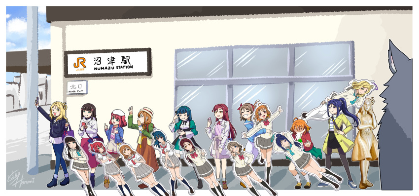 6+girls, ^^^, absurdres, ahoge, april_fools, aqua_eyes, aqua_neckerchief, arms_up