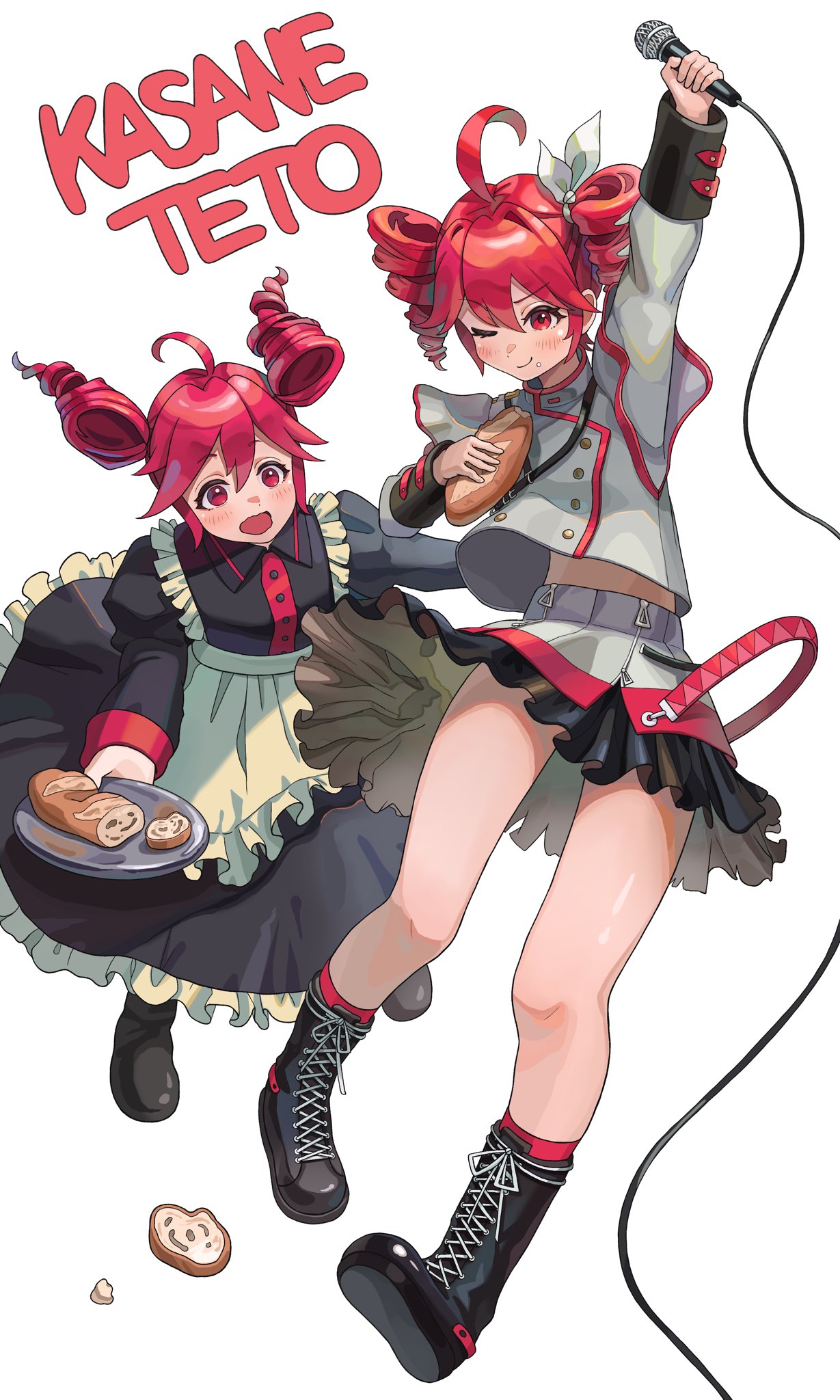 2girls, adapted_costume, ahoge, alternate_costume, anchannnnnn, apron, arm_up, black_boots