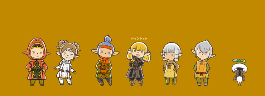 1other, 2boys, 3girls, :d, adventurer_(ff11), apron, blue_eyes, blue_hair