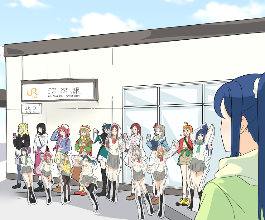 6+girls, absurdres, ahoge, akira_hjk, april_fools, aqua_eyes, aqua_neckerchief, arms_up