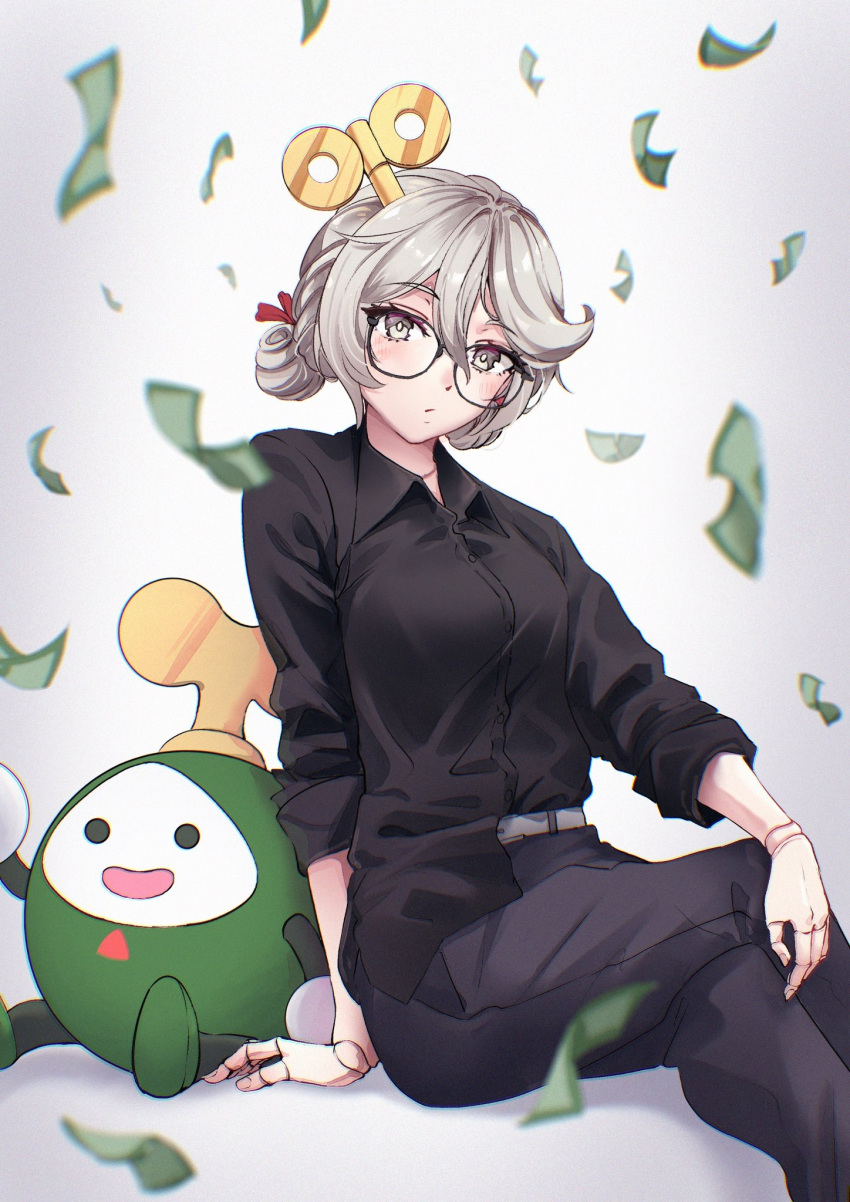 1girl, alilippoi, banknote, black_pants, black_shirt, blurry, blurry_background, bright_pupils