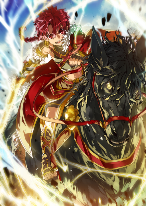 1boy, :d, alexander_(fate), belt, black_shirt, black_skirt, boots, braid
