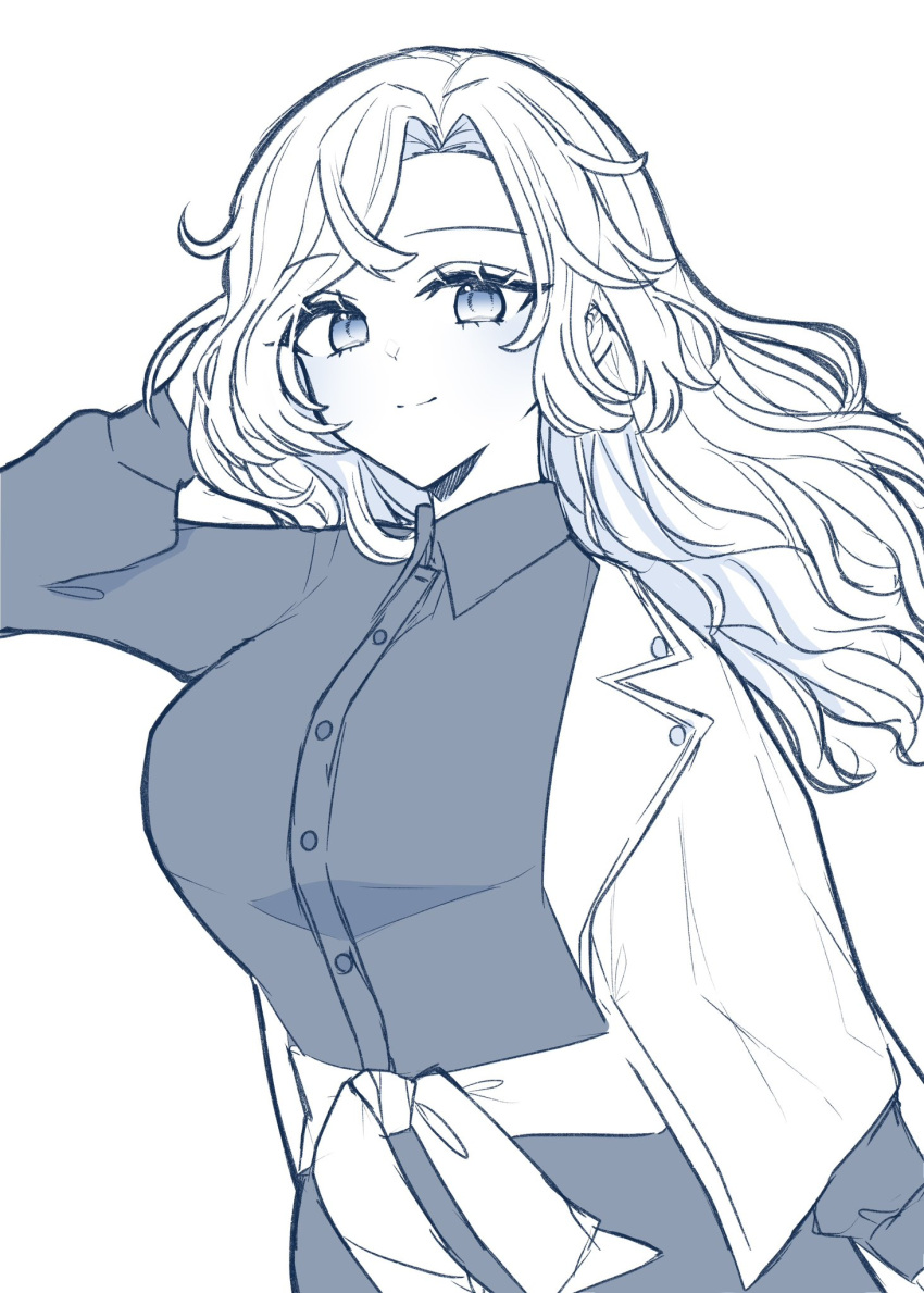 1girl, blue_theme, blush, breasts, closed_mouth, clothes_around_waist, collared_shirt, commentary_request