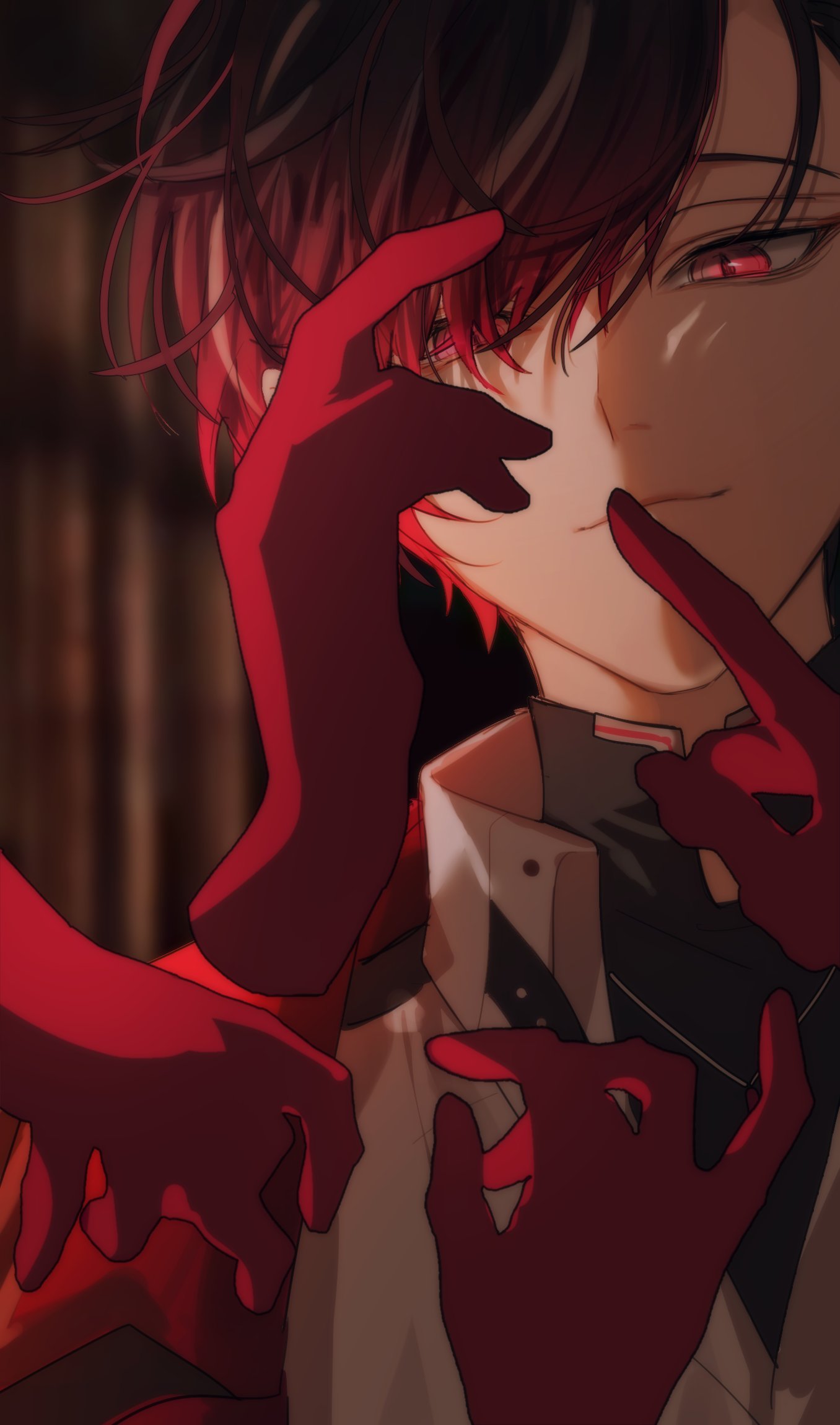 1boy, black_hair, black_shirt, closed_mouth, collared_jacket, commentary, ewa_(yion_yu94148), extra_hands