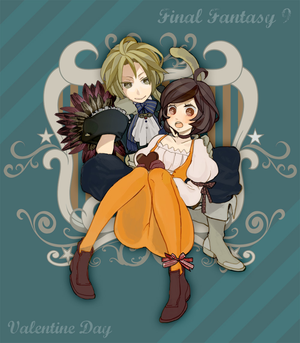 blonde_hair, blush, bodysuit, boots, brown_eyes, catsuit, chocolate, final_fantasy