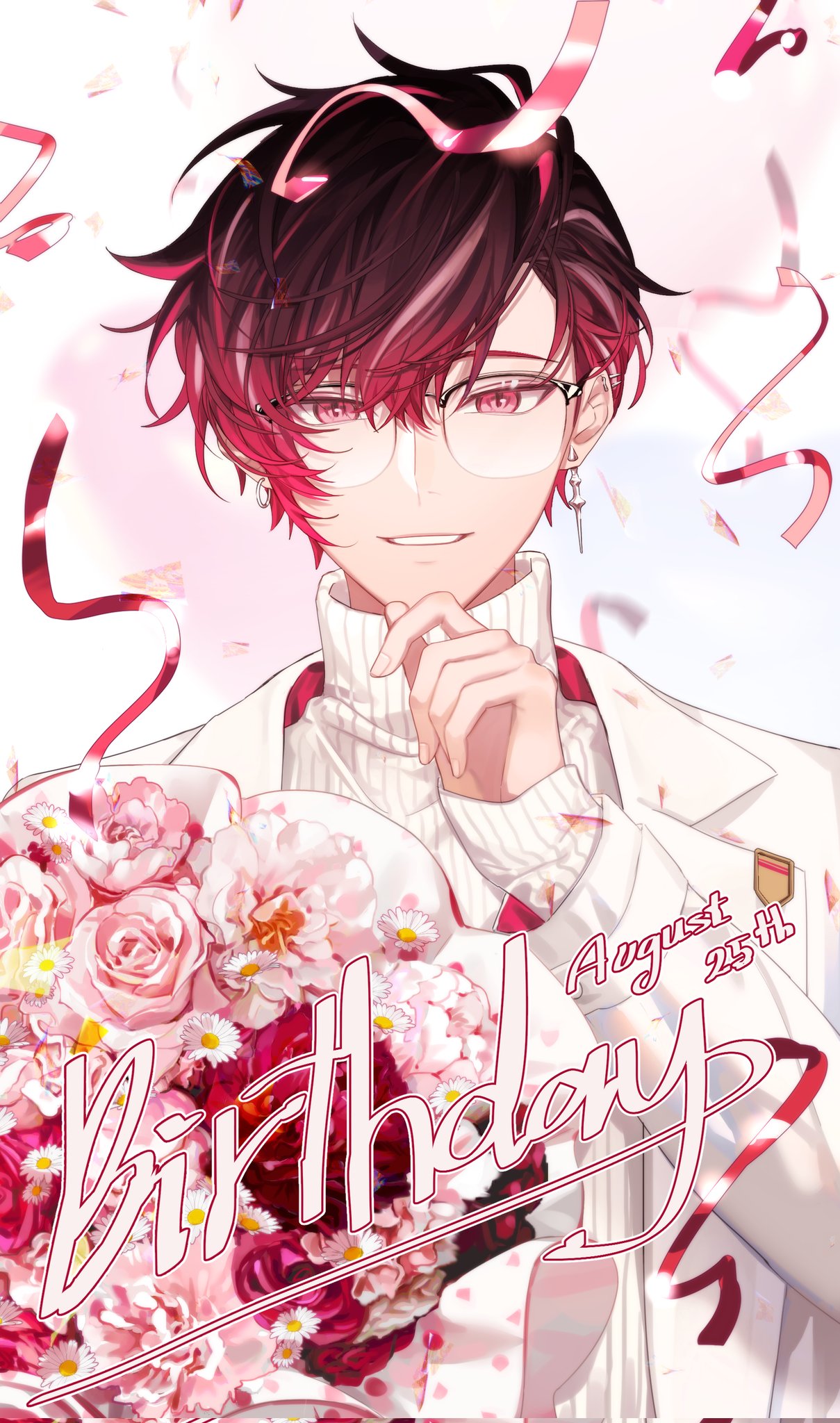 1boy, arm_up, bespectacled, black_hair, bouquet, commentary, confetti, earrings
