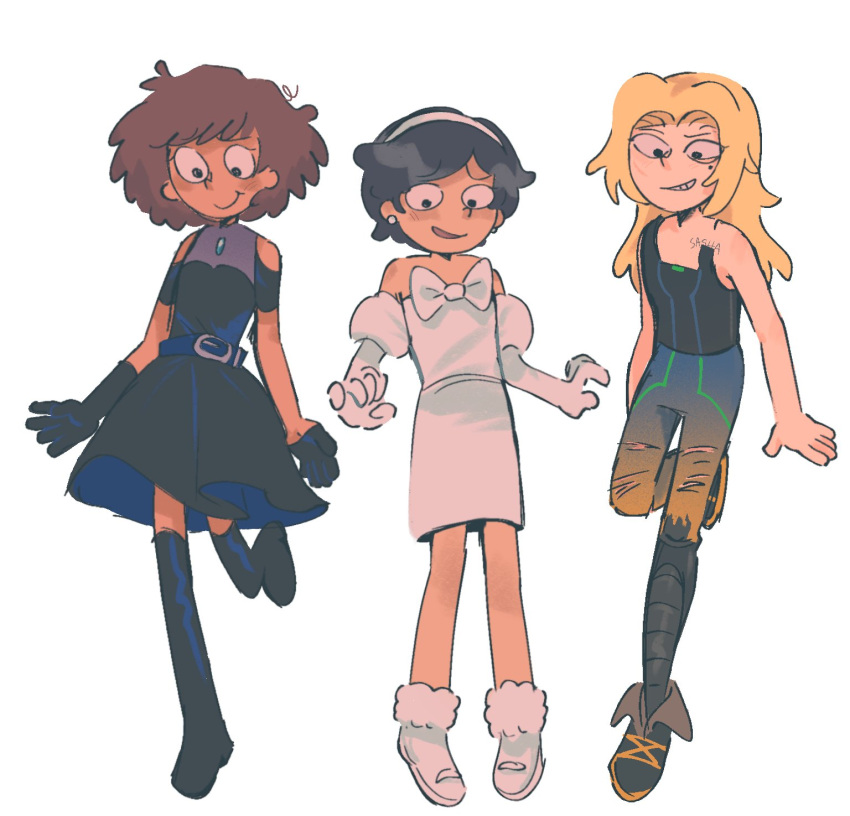 3girls, alien_stage, amphibia, anne_boonchuy, asymmetrical_gloves, black_boots, black_dress, black_gloves, black_hair, black_shoes, black_tank_top, blonde_hair, blue_pants, boots, bow, brown_hair, chest_bow, chest_tattoo, clothing_cutout, commentary, cosplay, dark-skinned_female, dark_skin, dress, dress_bow, earrings, elbow_gloves, english_commentary, full_body, gloves, gradient_pants, hairband, half_gloves, highres, hyuna_(alien_stage), hyuna_(alien_stage)_(cosplay), jewelry, juliet_sleeves, long_hair, long_sleeves, marcy_wu, mizi_(alien_stage), mizi_(alien_stage)_(cosplay), mole, mole_under_eye, morick, multiple_girls, pants, prosthesis, prosthetic_leg, puffy_sleeves, sasha_waybright, shoes, short_hair, short_sleeves, shoulder_cutout, simple_background, single_elbow_glove, single_half_glove, single_strap, sua_(alien_stage), sua_(alien_stage)_(cosplay), tank_top, tattoo, thigh_boots, two-tone_pants, uneven_gloves, white_background, white_boots, white_bow, white_dress, white_gloves, white_hairband, yellow_pants
