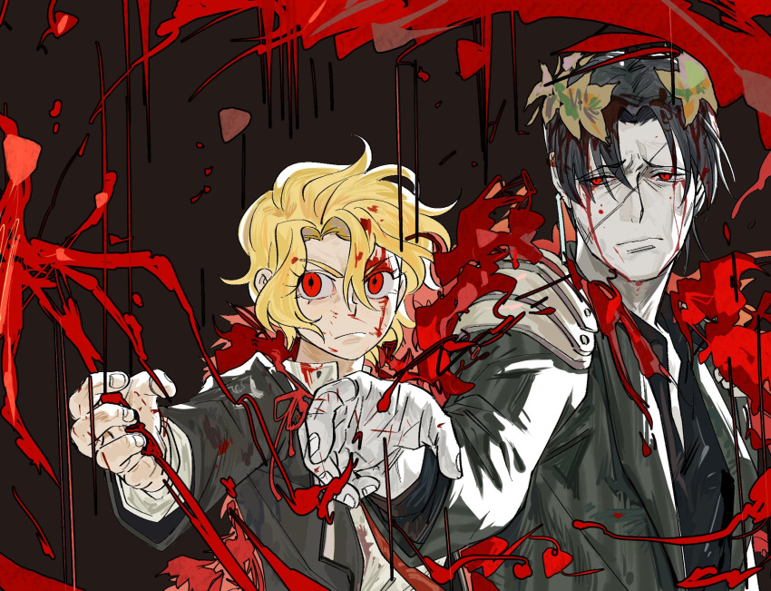 1boy, 1girl, armor, bjio191639, black_hair, black_jacket, black_shirt, blonde_hair, blood, blood_on_face, don_quixote_(project_moon), head_wreath, highres, jacket, limbus_company, project_moon, red_eyes, sancho_(project_moon), scar, scar_on_face, shirt, short_hair, shoulder_armor, upper_body, vergilius_(project_moon), white_shirt