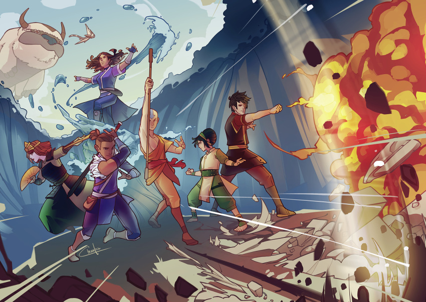 3boys, 3girls, aang, aerokinesis, appa, avatar:_the_last_airbender, avatar_legends, bag, bald, black_hair, boots, brown_hair, burn_scar, ctreuselex, element_bending, english_commentary, fire, fireball, geokinesis, green_hairband, hairband, highres, hydrokinesis, katara, magic, momo_(avatar), multiple_boys, multiple_girls, pants, ponytail, pyrokinesis, rock, scar, scar_on_face, smile, sokka, staff, suki_(avatar), tattoo, toph_beifong, water, wind, zuko