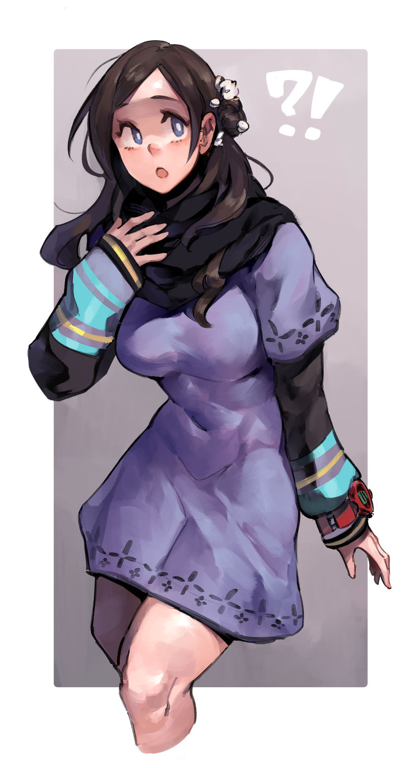 !?, 1girl, :o, breasts, brown_hair, cropped_legs, dress, eyelashes