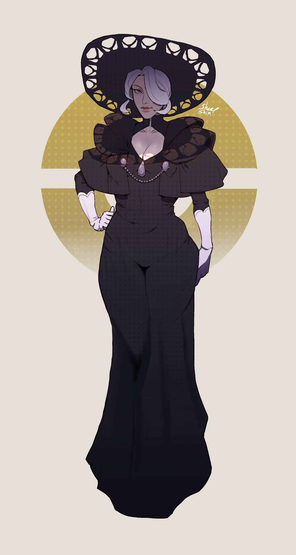 1girl, black_dress, breasts, cogita_(pokemon), dress, full_body, gloves, hair_over_one_eye