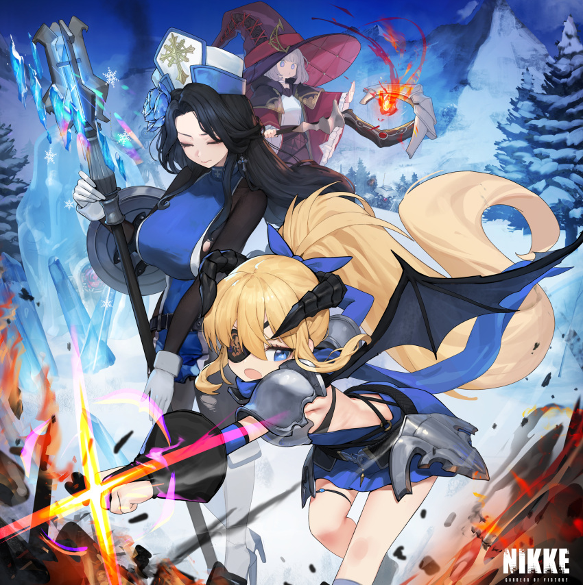 3girls, absurdres, arm_shield, blue_eyes, blue_tabard, bodystocking, bodysuit, boobplate, braid, braided_ponytail, brown_bodysuit, chuunibyou, closed_eyes, commentary, cross, cross_earrings, dragon_wings, earrings, extrinsic_(nikke), eyepatch, fire, forest, gloves, goddess_of_victory:_nikke, guillotine_(nikke), guillotine_(winter_slayer)_(nikke), hat, highres, hip_armor, holding, holding_mace, holding_weapon, ice, ice_flower, jewelry, logo, mace, magic, maiden_(ice_rose)_(nikke), maiden_(nikke), mitre, multiple_girls, nature, oversized_hat, print_eyepatch, romana, see-through_bodystocking, tabard, torn_bodystocking, torn_clothes, tunic_lift, vesti_(ark_mage)_(nikke), vesti_(nikke), weapon, wings, winter, you_shall_not_pass