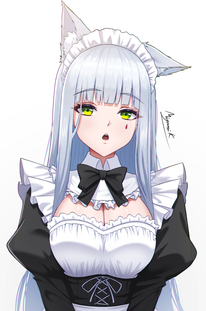 1girl, alternate_costume, animal_ears, apron, black_bow, black_bowtie, black_dress, bow, bowtie, breasts, breasts_squeezed_together, cat_ears, cat_girl, corset, dress, enmaided, expressionless, facepaint, girls_frontline, green_eyes, highres, hk416_(girls'_frontline), large_breasts, long_hair, looking_at_viewer, maid, maid_headdress, miyami_kyoko, single_ear_down, solo, teardrop, upper_body, v_arms, very_long_hair, waist_apron, white_apron, white_hair
