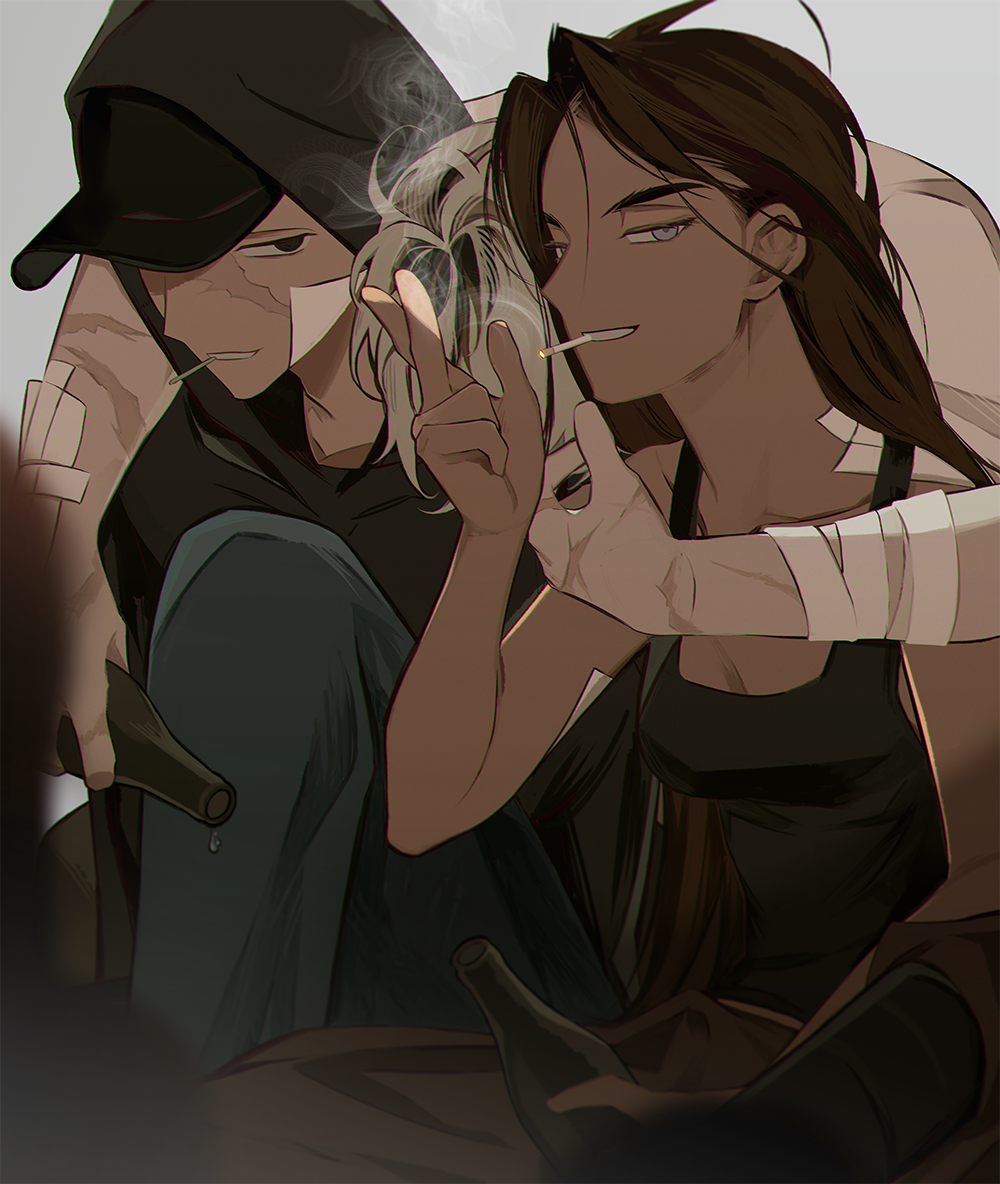 1girl, 2boys, alien_stage, arm_around_shoulder, bandaged_arm, bandages, baseball_cap, beer_bottle, black_eyes, black_hat, black_tank_top, blonde_hair, brown_hair, cigarette, commentary, dark-skinned_female, dark-skinned_male, dark_skin, dewey_(alien_stage), gauze_on_arm, grey_eyes, grey_pants, hat, hyuna_(alien_stage), isaac_(alien_stage), knee_up, long_hair, multiple_boys, pants, s301t9, scar, scar_on_arm, scar_on_face, sitting, smoke, tank_top, very_long_hair