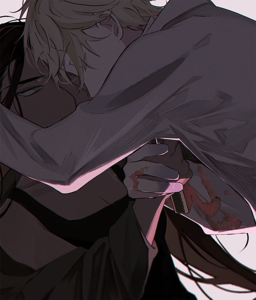 1boy, 1girl, alien_stage, black_tank_top, blonde_hair, blood, brown_hair, closed_eyes