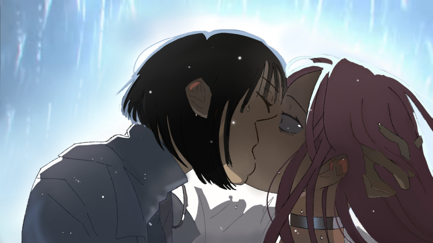 2girls, alien_stage, black_hair, choker, closed_eyes, coat, commentary, cosplay, english_commentary, grey_choker, hand_on_another's_head, highres, ivan_(alien_stage), ivan_(alien_stage)_(cosplay), kiss, long_hair, mizi_(alien_stage), mizumews, multiple_girls, pink_hair, rain, shirt, short_hair, sua_(alien_stage), surprise_kiss, surprised, till_(alien_stage), till_(alien_stage)_(cosplay), turtleneck, turtleneck_shirt, white_coat, white_shirt, yuri