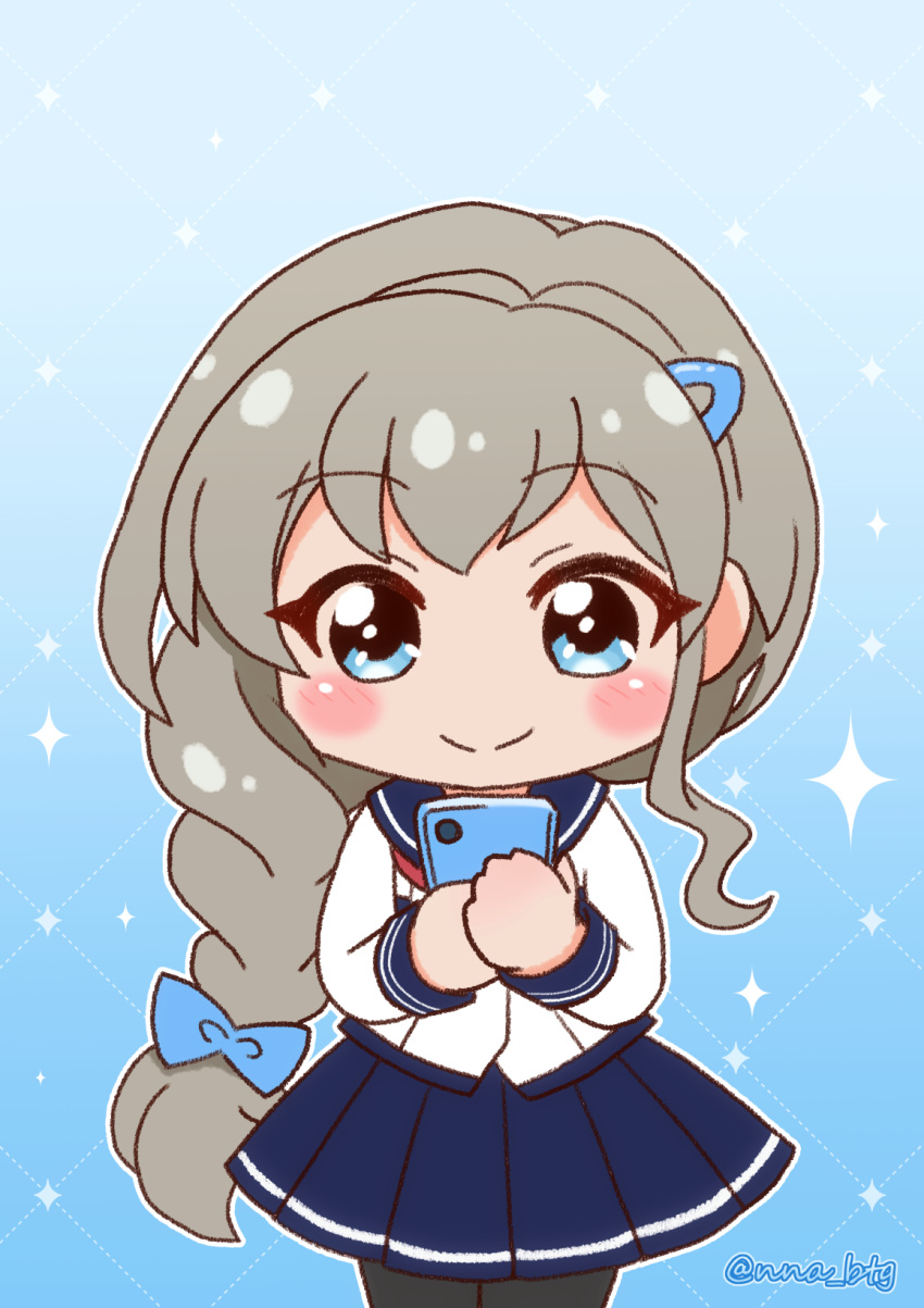 1girl, battle_girl_high_school, blue_background, blue_bow, blue_eyes, blush, bow, cellphone