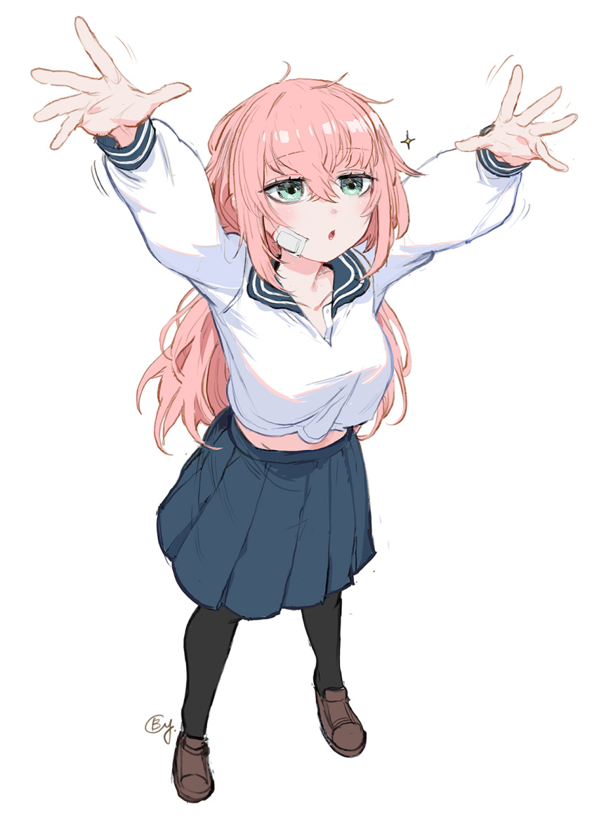1girl, arms_up, b.c.n.y., black_socks, blue_sailor_collar, full_body, green_eyes, highres