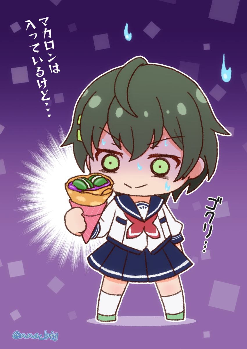 1girl, bad_food, battle_girl_high_school, black_hair, blue_skirt, chibi, chibi_only, closed_mouth