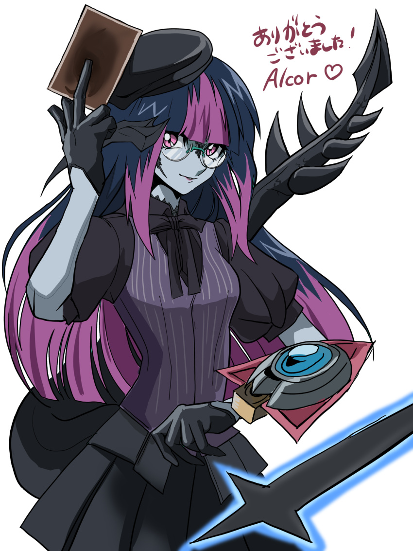 1girl, au_ra, between_fingers, black_bow, black_gloves, black_hair, black_hat, black_horns, black_scales, black_shirt, black_skirt, black_tail, bow, card, card_between_fingers, colored_bangs, colored_skin, commission, commissioner_name, commissioner_upload, deck_of_cards, dragon_girl, dragon_horns, duel_disk, final_fantasy, final_fantasy_xiv, glasses, gloves, grey_skin, ha_maih, hat, highres, holding, holding_card, horns, multicolored_hair, original, pink_eyes, purple_hair, purple_vest, round_eyewear, shirt, skeb_commission, skirt, tail, thank_you, trading_card, vest, white_background, yu-gi-oh!, yu-gi-oh!_arc-v