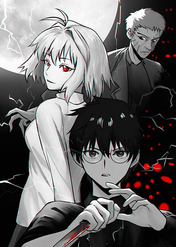 1girl, 2boys, ahoge, arcueid_brunestud, black_coat, black_hair, coat, fingernails