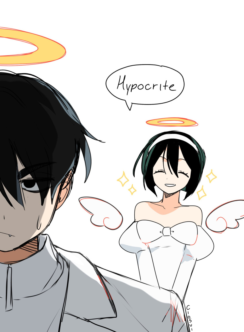 1boy, 1girl, alien_stage, angel, black_eyes, bob_cut, bow, cio_(ciosui)