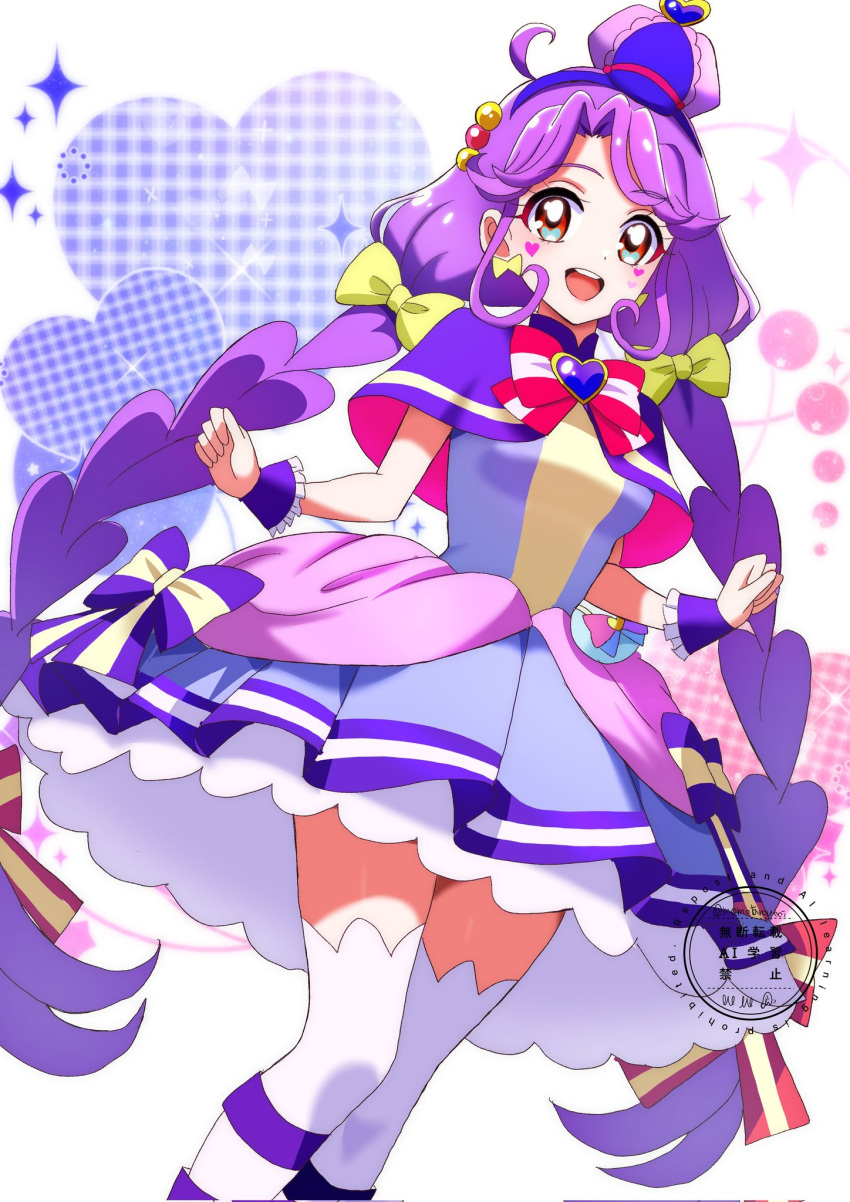 1girl, :d, ahoge, artist_name, blue_hairband, bow, bow_earrings, braid, breasts, brooch, capelet, chest_bow, clenched_hands, color_connection, commentary, cosplay, cowboy_shot, cure_coral, cure_friendy, cure_friendy_(cosplay), deerstalker, dot_nose, dress, dress_bow, earrings, facial_mark, four-pointed_star, frilled_wrist_cuffs, frills, hair_bobbles, hair_bow, hair_ornament, hairband, hat, hat_ornament, heart, heart_background, heart_brooch, heart_facial_mark, heart_hat_ornament, highres, jewelry, legs_together, long_hair, looking_at_viewer, low_twin_braids, magical_girl, medium_breasts, momotarouooi, multi-tied_hair, multiple_hair_bows, open_mouth, orange_eyes, pact_holder, petticoat, pink_bow, plaid_background, precure, purple_bow, purple_capelet, purple_dress, purple_hair, purple_hat, short_dress, sleeveless, sleeveless_dress, smile, solo, standing, striped_bow, suzumura_sango, teeth, thigh-highs, tilted_headwear, tropical-rouge!_precure, twin_braids, twitter_username, upper_teeth_only, very_long_hair, watermark, white_background, white_petticoat, white_thighhighs, wonderful_pact, wonderful_precure!, wrist_cuffs, yellow_bow, zettai_ryouiki