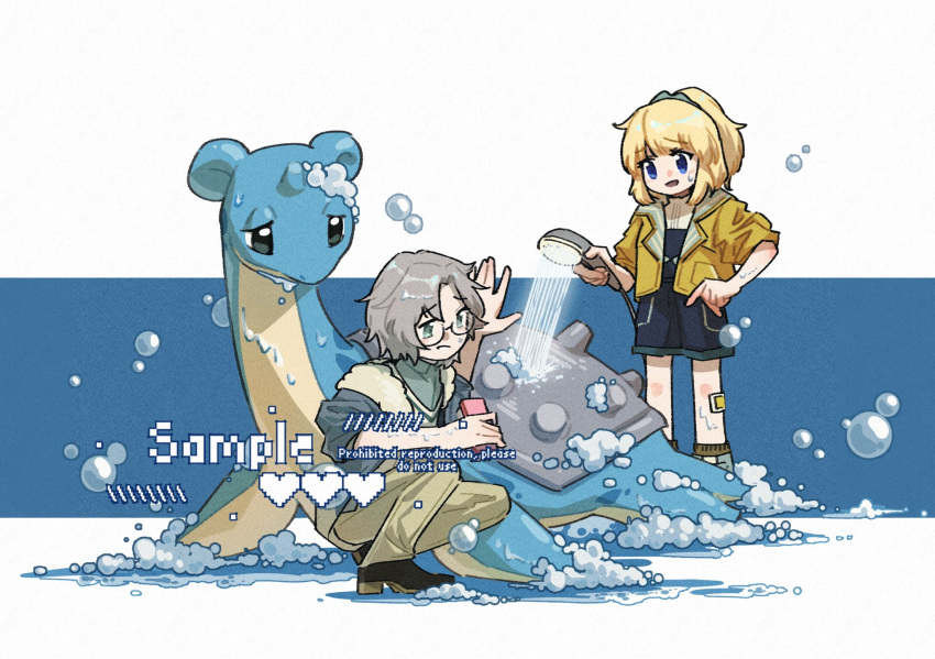 1boy, 1girl, bathing, black_eyes, black_shoes, blonde_hair, blue_eyes, blue_jacket