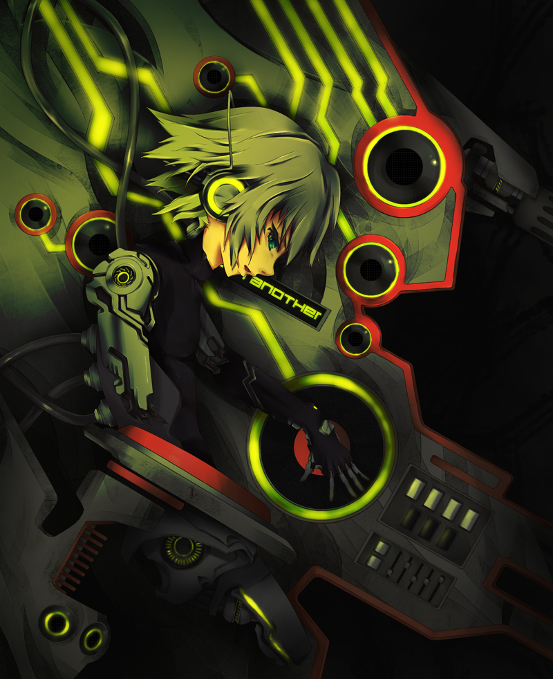 aqua_eyes, bad_id, beatmania, beatmania_iidx, cyborg, green_hair, headphones, kimera