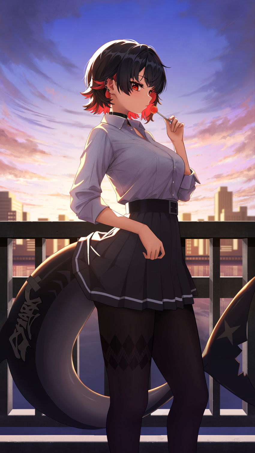 1girl, absurdres, belt, black_belt, black_choker, black_hair, black_pantyhose, black_skirt