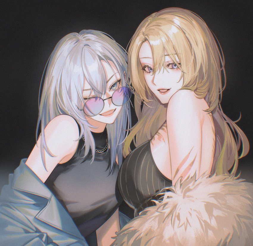 2girls, absurdres, arm_tattoo, bare_shoulders, black_background, black_shirt, blonde_hair, bloom, blue_eyes, breasts, chest_tattoo, commentary, film_grain, fur_shawl, genderswap, genderswap_(mtf), glasses, hair_between_eyes, highres, jacket, jewelry, kaelix_debonair, kaohom503, large_breasts, long_hair, looking_at_viewer, luca_kaneshiro, multiple_girls, necklace, nijisanji, nijisanji_en, off_shoulder, one_eye_closed, open_clothes, open_jacket, open_mouth, parted_lips, shawl, shirt, sideboob, sleeveless, sleeveless_shirt, smile, striped_clothes, striped_shirt, subsurface_scattering, tattoo, upper_body, virtual_youtuber, white_hair