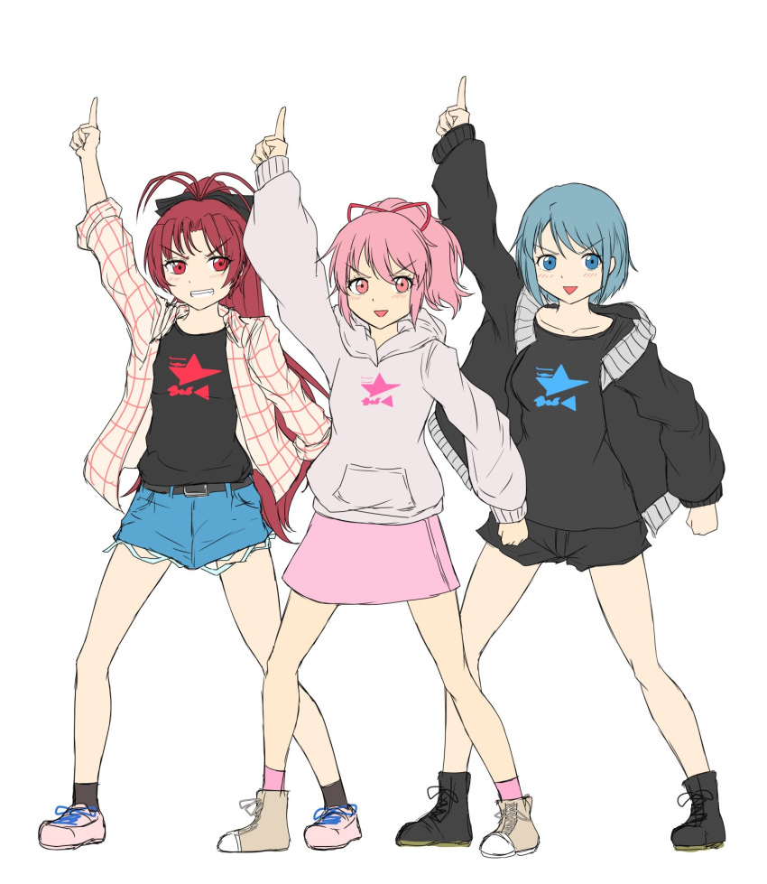 3girls, black_hoodie, black_shirt, black_shorts, blue_eyes, blue_hair, blue_shorts, denim, denim_shorts, full_body, gkgk2gk22, highres, hood, hood_down, hoodie, index_finger_raised, kaname_madoka, long_hair, looking_at_viewer, mahou_shoujo_madoka_magica, mahou_shoujo_madoka_magica_(anime), miki_sayaka, multiple_girls, official_alternate_costume, pink_eyes, pink_hair, pink_skirt, plaid_clothes, plaid_shirt, ponytail, print_hoodie, print_shirt, red_eyes, red_hair, sakura_kyoko, shirt, short_hair, short_shorts, shorts, simple_background, skirt, standing, star_(symbol), star_print, white_background, white_hoodie