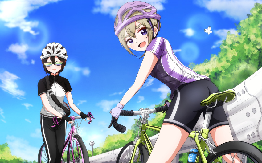 2girls, absurdres, bicycle_helmet, bike_jersey, bike_shorts, blue_sky, fingerless_gloves, glasses