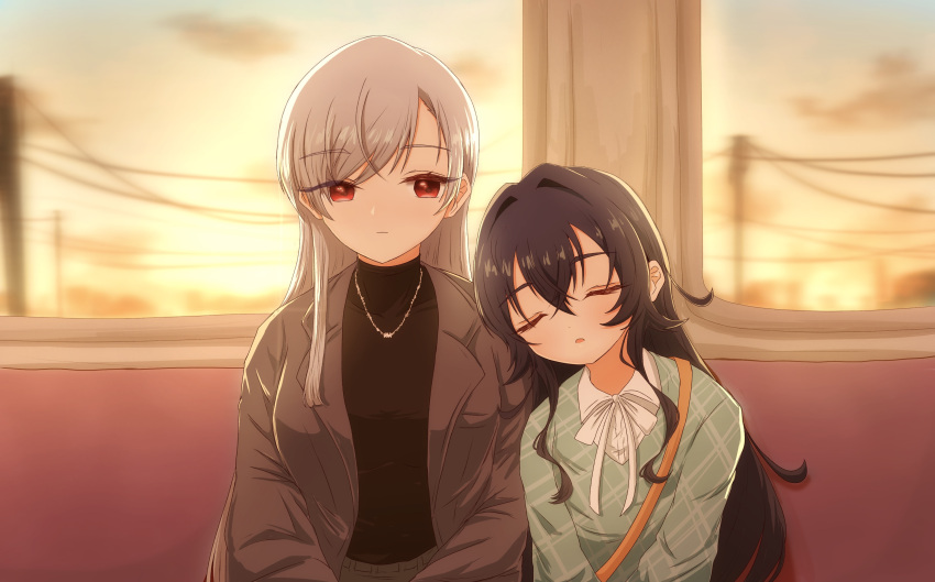 2girls, absurdres, black_shirt, blue_vest, blurry, blurry_background, brown_jacket, checkered_clothes