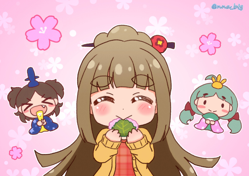 >_<, 3girls, battle_girl_high_school, biting, blush, blush_stickers, brown_hair, brown_sweater