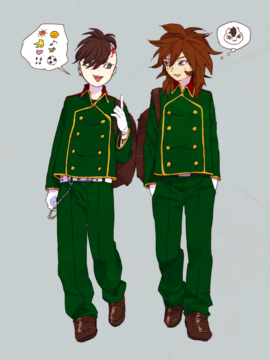 backpack, bad_id, bag, belt, brown_hair, fudou_akio, genda_koujirou, green_eyes