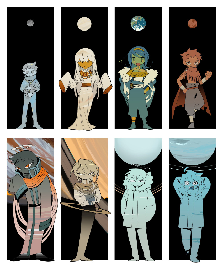 6+others, ^_^, absurdres, black_background, blue_hair, closed_eyes, coat, colored_skin, dark_skin, dress, earth_(planet), full_body, fur-trimmed_jacket, fur_trim, fy_fp7, green_skin, halo, hands_in_pockets, highres, jacket, jupiter_(planet), long_hair, looking_at_viewer, mars_(planet), mercury_(planet), multiple_others, neptune_(planet), open_mouth, original, personification, planet, red_coat, red_hair, red_skin, saturn_(planet), scarf, short_hair, sleeves_past_fingers, sleeves_past_wrists, tsurime, uranus_(planet), venus_(planet), white_dress, white_hair
