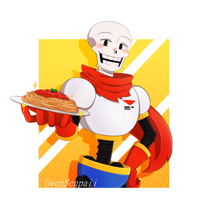 1boy, 2020, 2d, absurdres, armor, artist_name, blue_shorts, cape, commentary, digital_media, english_commentary, food, gloves, gwensenpaii, hand_on_own_hip, highres, holding, holding_plate, humanoid, male, male_focus, male_only, monster, monster_boy, orange_background, papyrus_(undertale), pasta, plate, red_cape, red_gloves, shorts, skeleton, solo, spaghetti, sparkle, teeth, transparent_background, undead, undertale, upper_body, utdr_(toby_fox), white_armor
