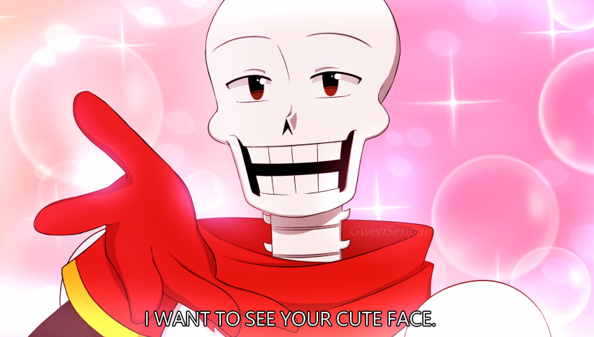 1boy, 2021, 2d, abstract_background, armor, boku_no_hero_academia, cape, commentary, digital_media, english_commentary, english_text, fake_screenshot, gloves, gradient_background, gwensenpaii, humanoid, male, male_focus, male_only, meme, monster, monster_boy, papyrus_(undertale), parody, portrait, red_cape, red_eyes, red_gloves, scene_reference, skeleton, solo, sparkle, teeth, text, undead, undertale, utdr_(toby_fox), white_armor