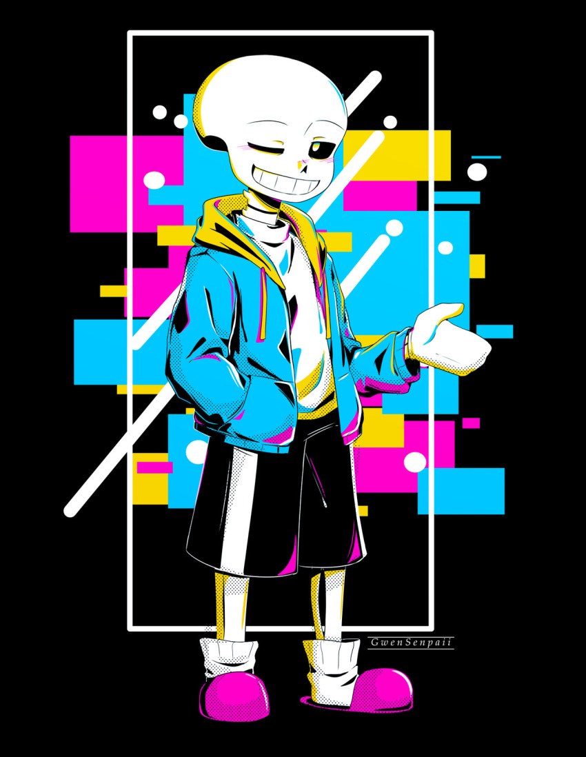 1boy, 2021, 2d, abstract_background, artist_name, black_background, black_shorts, blue_jacket