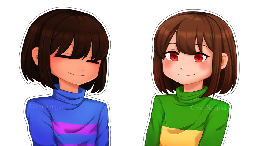 2021, 2d, 2others, ambiguous_gender, blue_sweater, brown_hair, chara_(undertale), digital_media