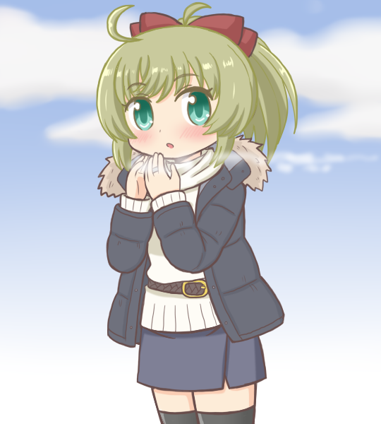 1girl, :o, anna_mel, bad_id, bad_pixiv_id, black_jacket, black_thighhighs, blue_skirt, breath, clouds, commentary_request, cosplay, cowboy_shot, fur-trimmed_jacket, fur_trim, green_eyes, green_hair, hands_up, izumi_kanagi, izumi_kanagi_(cosplay), izumi_kanagi_(winter_costume), jacket, long_hair, long_sleeves, looking_at_viewer, magia_record:_mahou_shoujo_madoka_magica_gaiden, mahou_shoujo_madoka_magica, official_alternate_costume, open_clothes, open_jacket, open_mouth, outdoors, ponytail, reverse_(bluefencer), scarf, skirt, sky, solo, standing, sweater, thigh-highs, white_sweater, winter_clothes