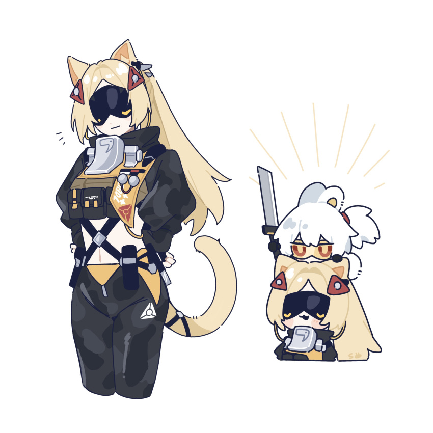 2girls, absurdres, animal_ears, black_gloves, blindfold, blonde_hair, cat_ears, cat_tail