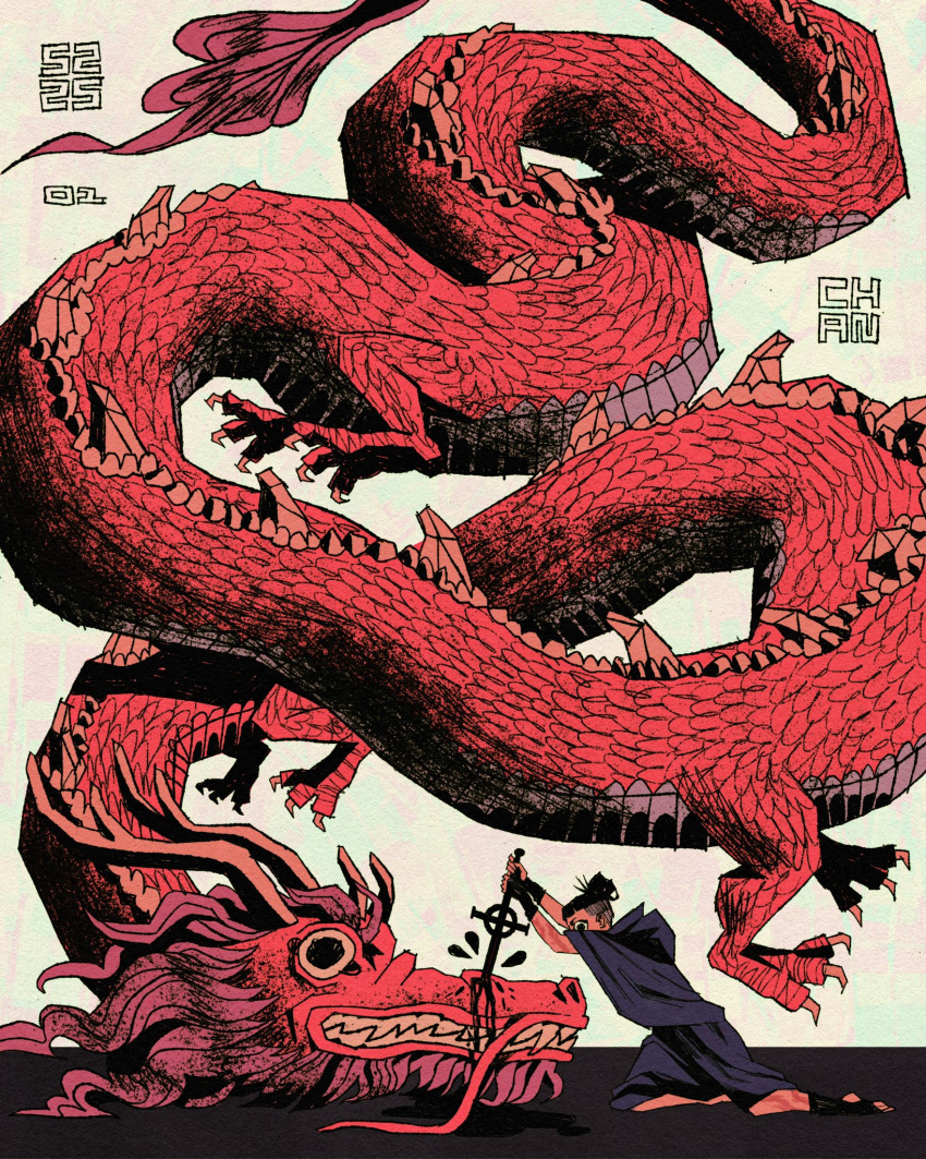1boy, artist_logo, artist_name, black_hair, chan_(flesh.png), dated, dragon, dragon_horns