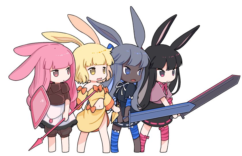 4girls, animal_ears, armor, barefoot, black_capelet, black_eyes, black_hair, blonde_hair, blue_eyes, blunt_bangs, bow, breastplate, capelet, chinese_commentary, closed_mouth, commentary_request, dagger, dancer_rabbit, dark-skinned_female, dark_skin, defender_rabbit, detached_sleeves, expressionless, floppy_ears, full_body, heavyblade_rabbit, holding, holding_dagger, holding_knife, holding_polearm, holding_shield, holding_sword, holding_weapon, knife, kunai, long_hair, looking_afar, multiple_girls, navel, neck_ribbon, open_mouth, orange_bow, pink_eyes, pink_hair, pink_ribbon, polearm, rabbit_and_steel, rabbit_ears, rabbit_girl, ribbon, shield, shmz_shiomizu, short_hair, sidelocks, simple_background, skirt, sleeve_bow, smile, spear, strapless, sword, tube_top, weapon, white_background, white_ribbon, yellow_eyes, yellow_skirt, yellow_sleeves, yellow_tube_top