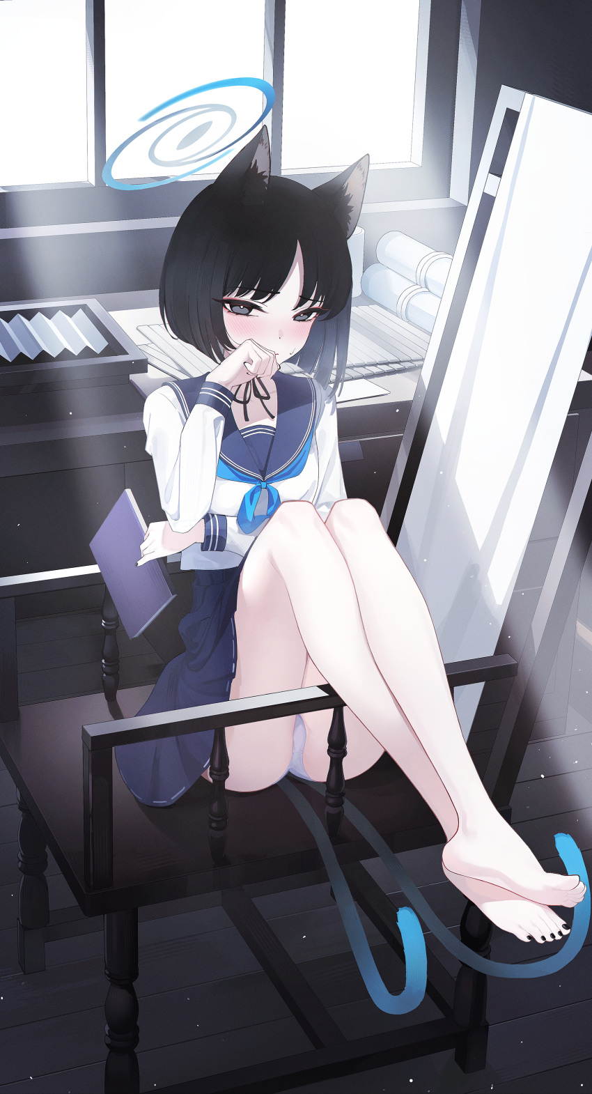 1girl, 2080167236, absurdres, animal_ears, bakeneko, barefoot, black_eyes, black_hair