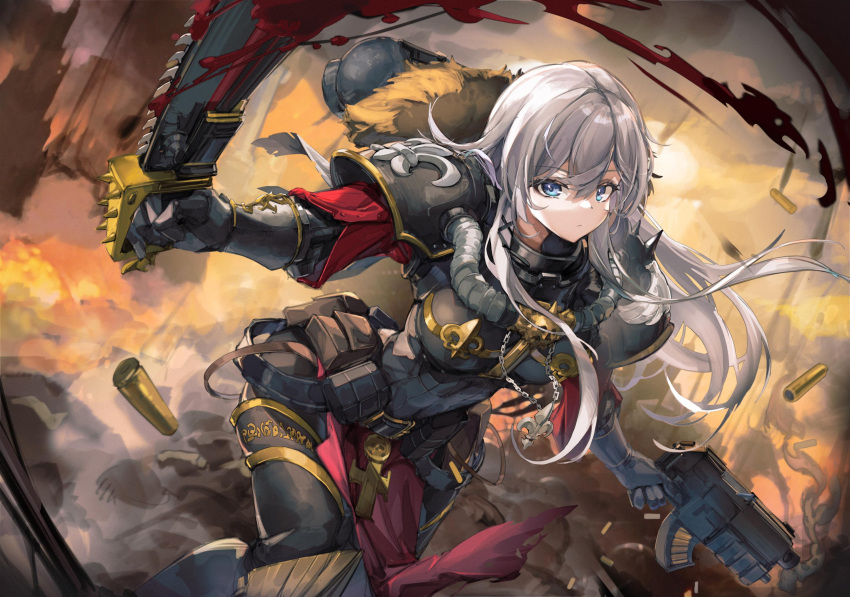 1girl, adepta_sororitas, ammunition, animal_ears, armor, black_armor, blood, blue_eyes